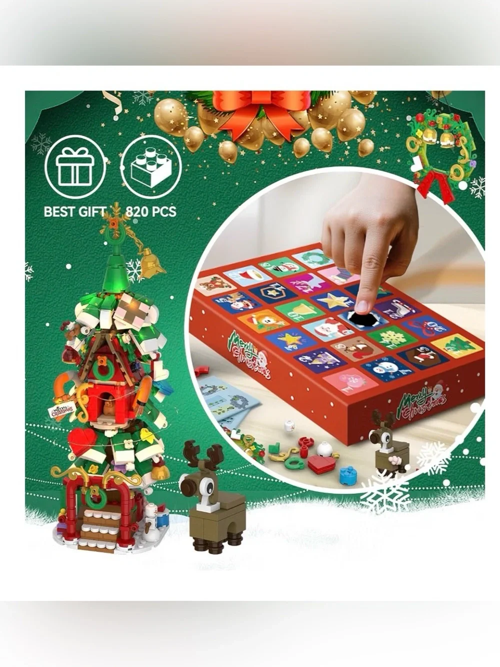 🔥Advent Calendar Christmas Tree Building Set w/LED lights, Wreath, & Reindeer